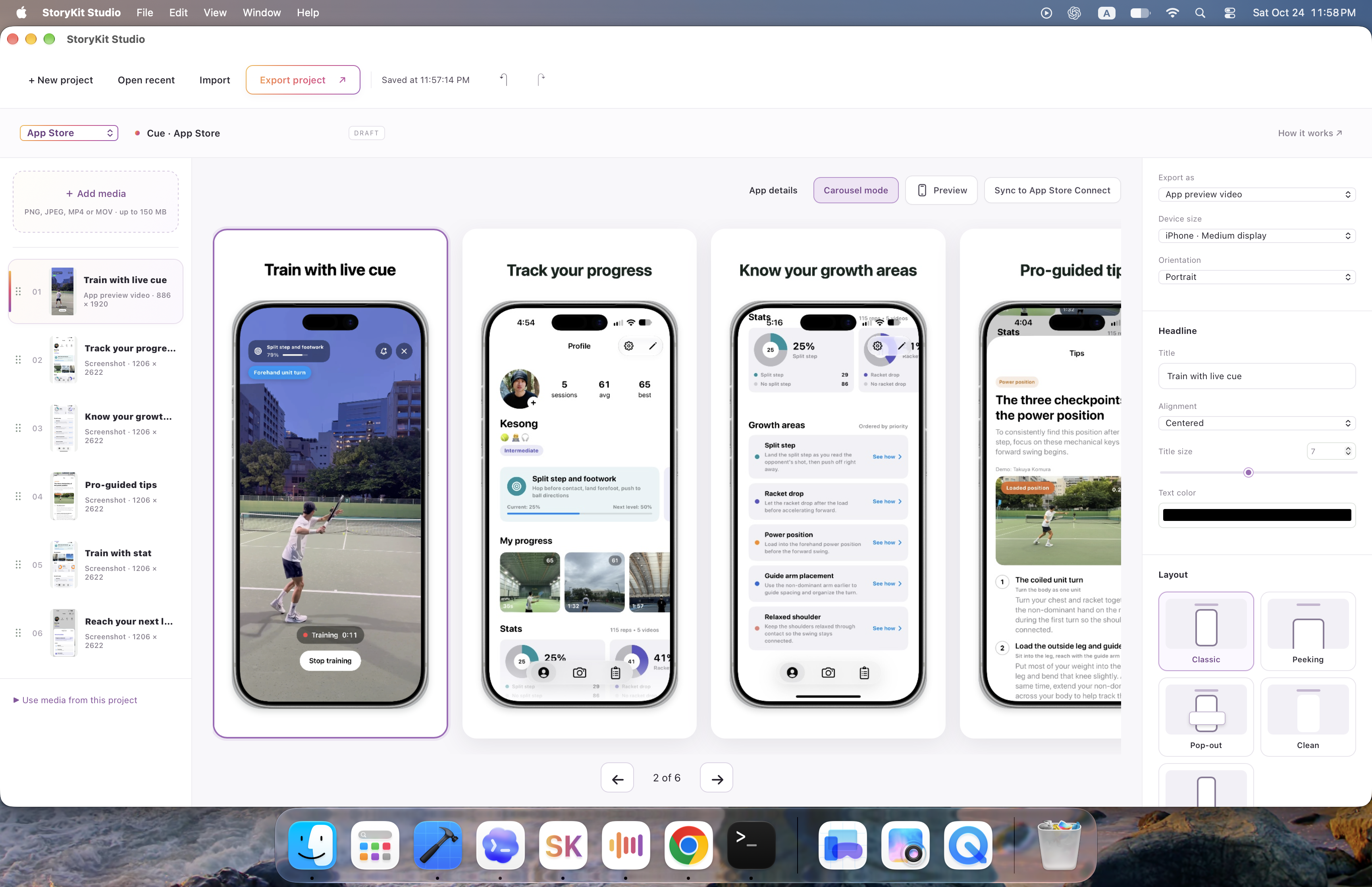StoryKit Studio’s App Store workspace with a media library, large iPhone screenshot previews, and layout controls.